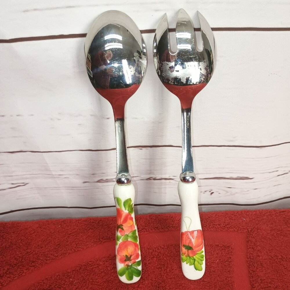 Vietril Lastra Poppy 2-Piece Stainless Steel Salad Serving Set Hand-Painted - Picture 2 of 7